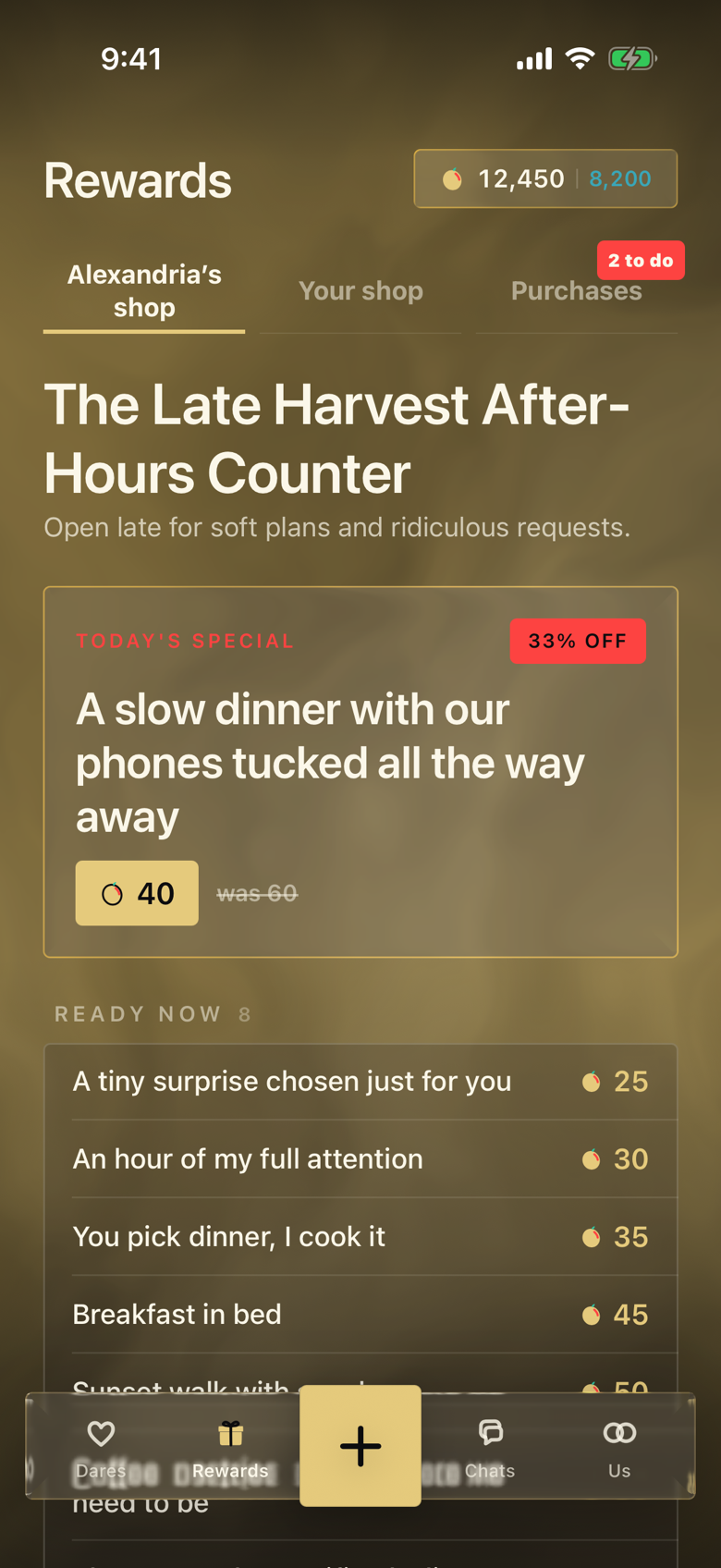 Toucan on iPhone: your partner’s rewards shop, featuring a slow dinner with phones away